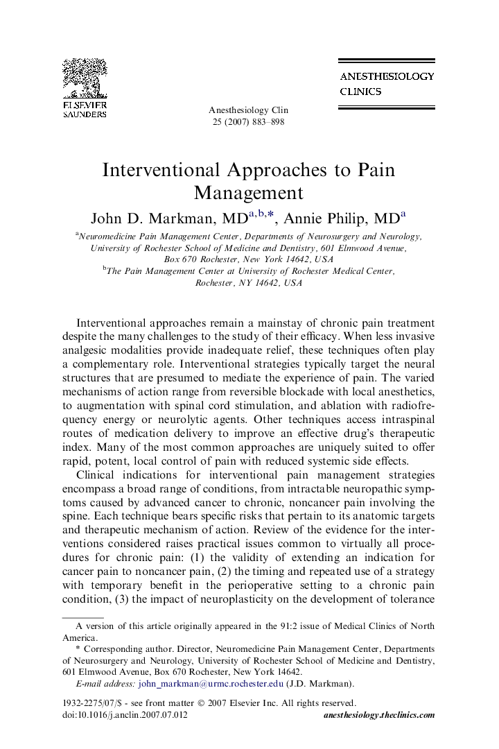 Interventional Approaches to Pain Management