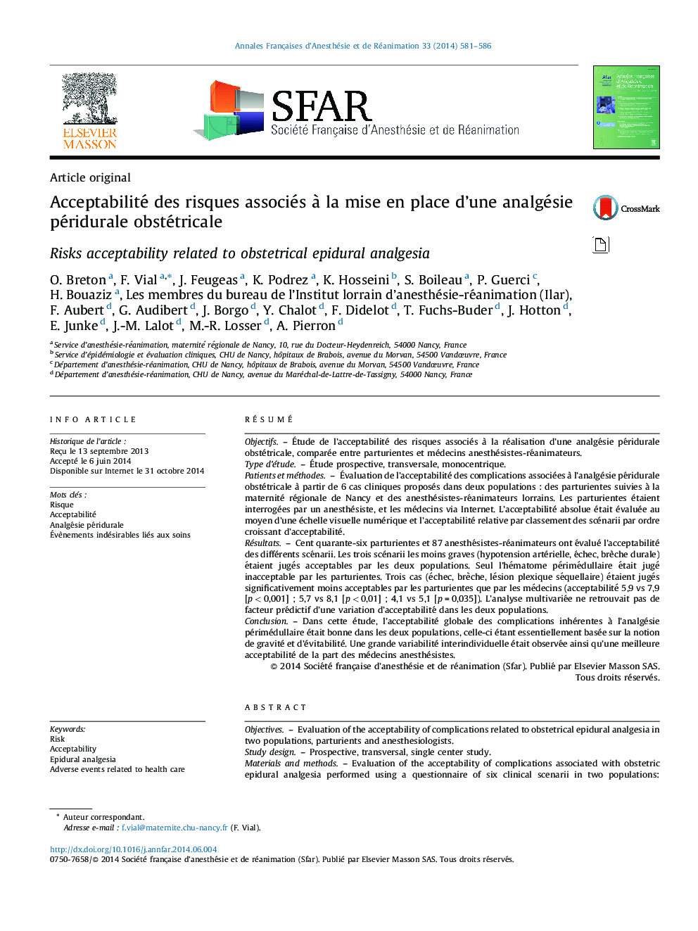 Acceptabilité des risques associés à la mise en place d’une analgésie péridurale obstétricale