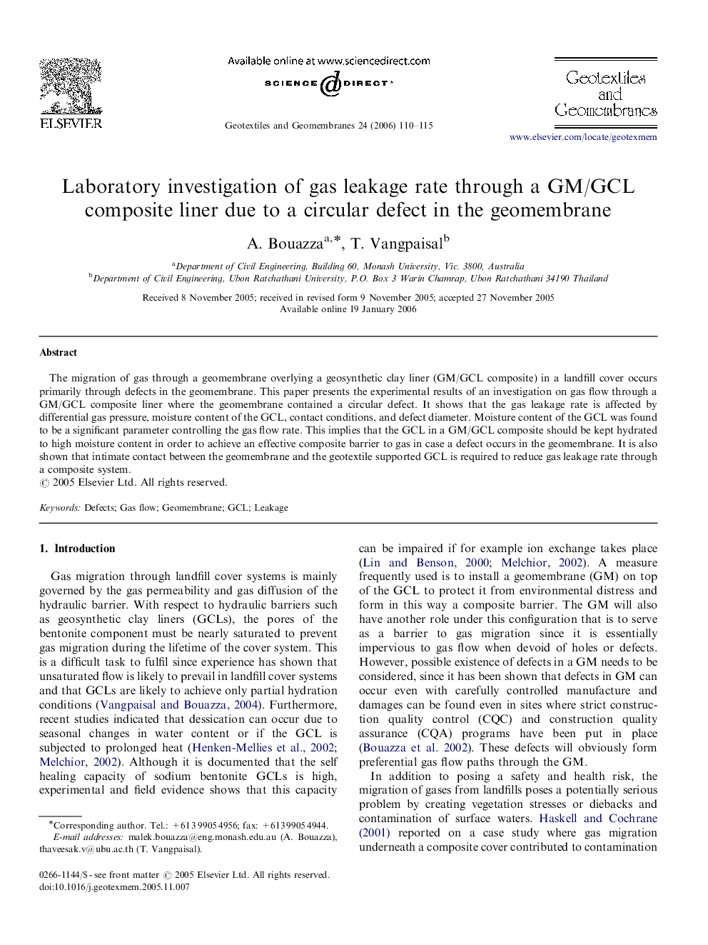 Laboratory investigation of gas leakage rate through a GM/GCL composite liner due to a circular defect in the geomembrane
