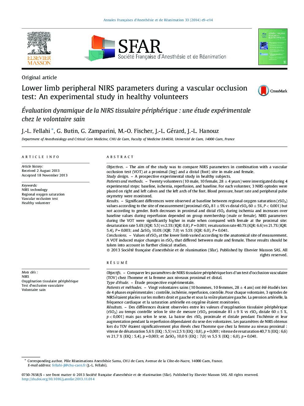 Lower limb peripheral NIRS parameters during a vascular occlusion test: An experimental study in healthy volunteers