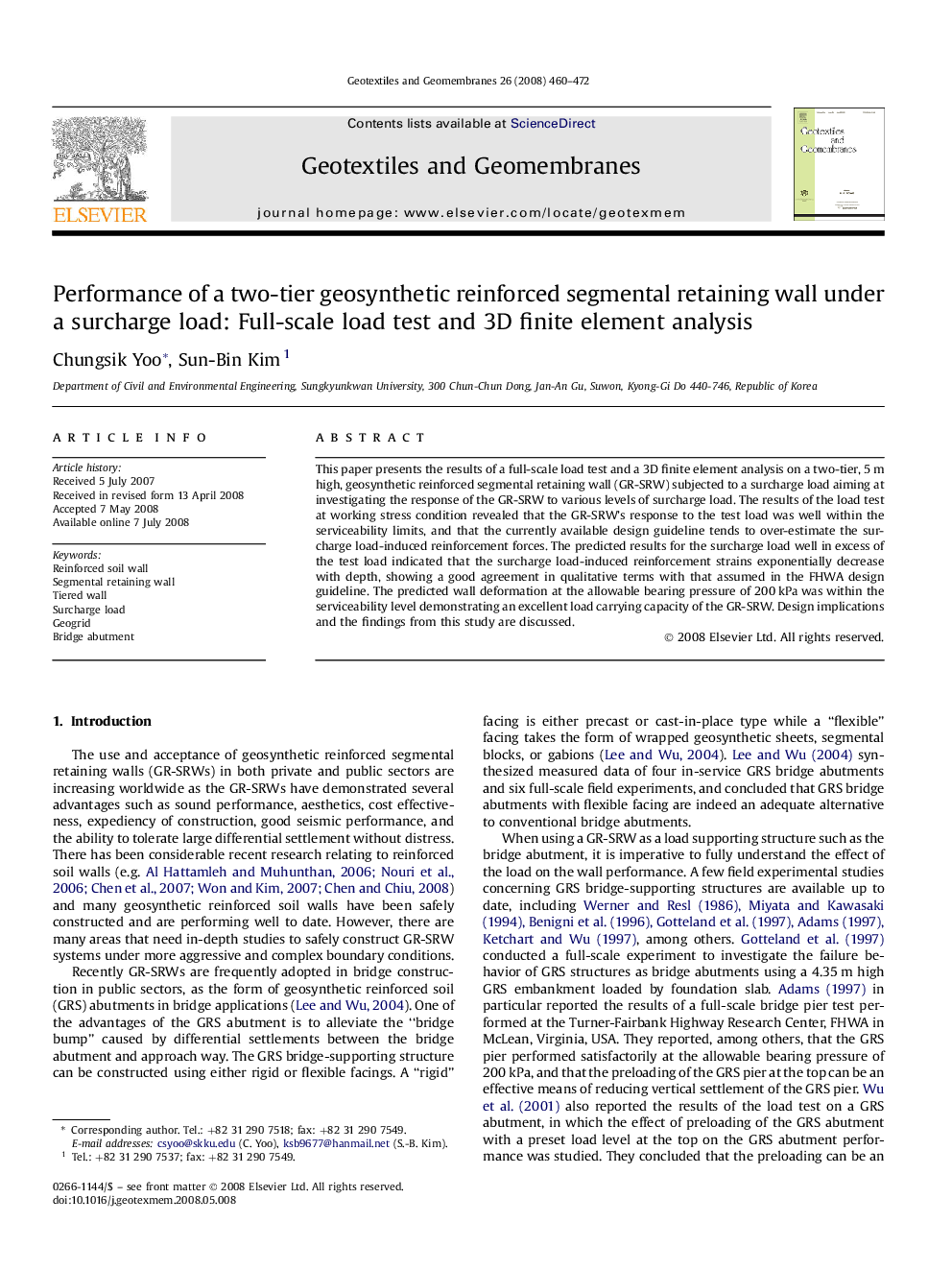 Performance of a two-tier geosynthetic reinforced segmental retaining wall under a surcharge load: Full-scale load test and 3D finite element analysis