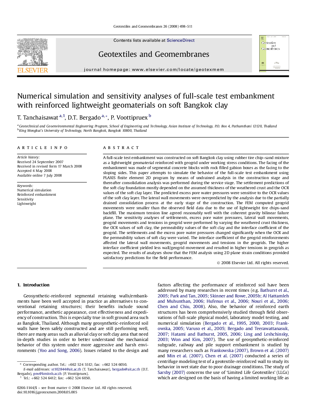 Numerical simulation and sensitivity analyses of full-scale test embankment with reinforced lightweight geomaterials on soft Bangkok clay