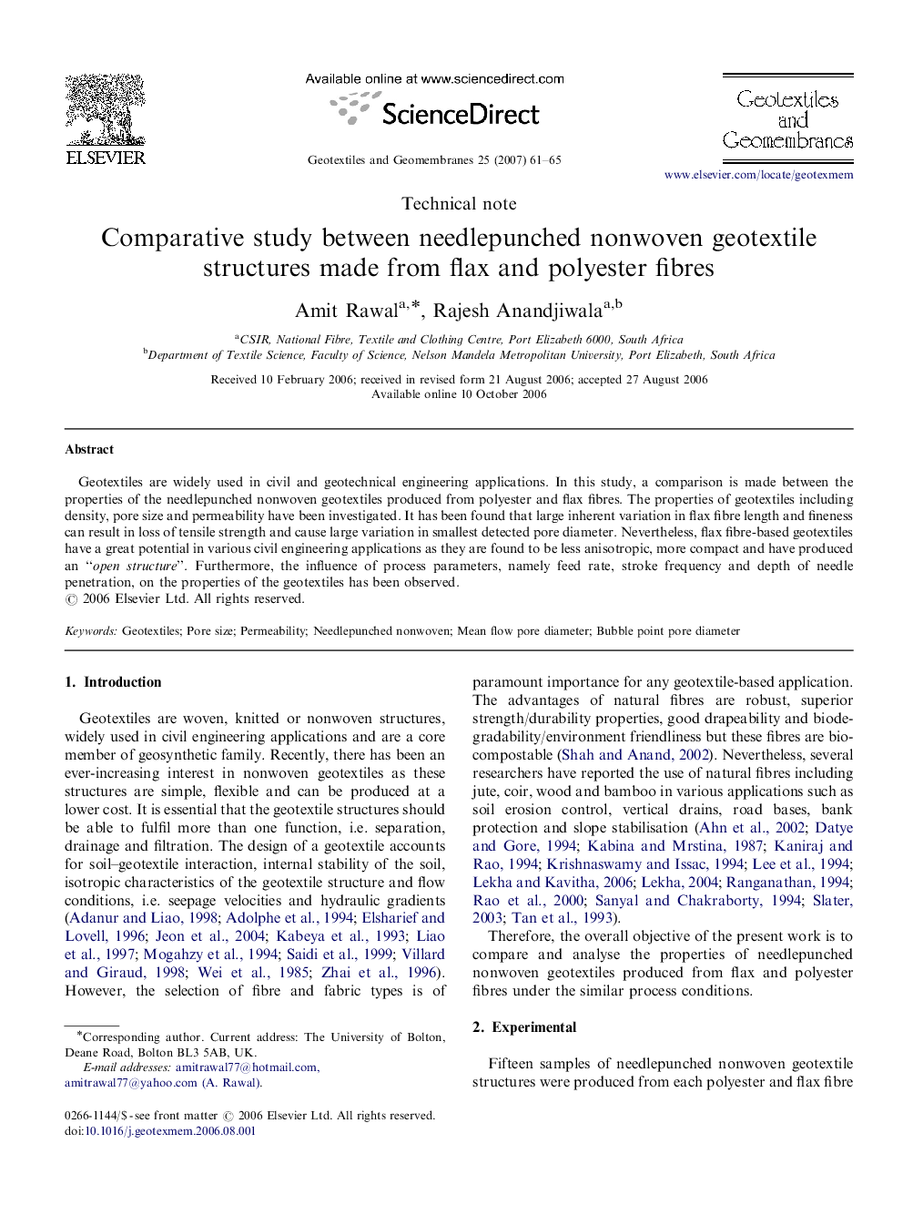 Comparative study between needlepunched nonwoven geotextile structures made from flax and polyester fibres