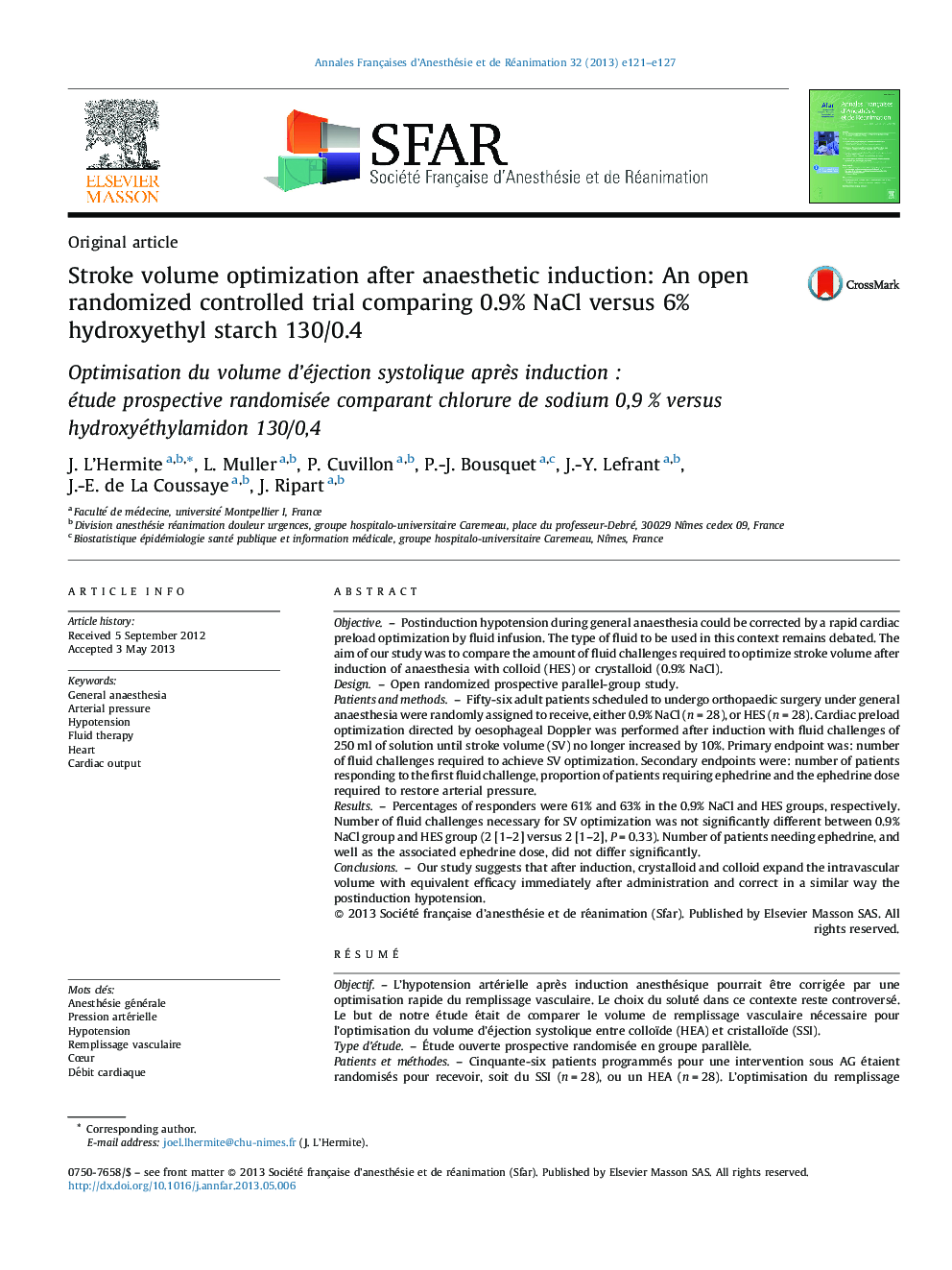 Stroke volume optimization after anaesthetic induction: An open randomized controlled trial comparing 0.9% NaCl versus 6% hydroxyethyl starch 130/0.4