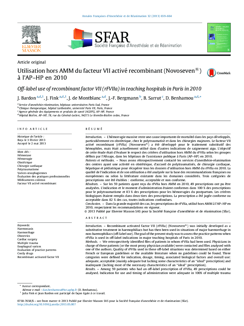 Utilisation hors AMM du facteur VII activé recombinant (Novoseven®) à l’AP–HP en 2010