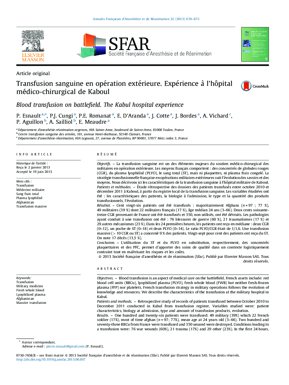 Transfusion sanguine en opération extérieure. Expérience à l’hôpital médico-chirurgical de Kaboul