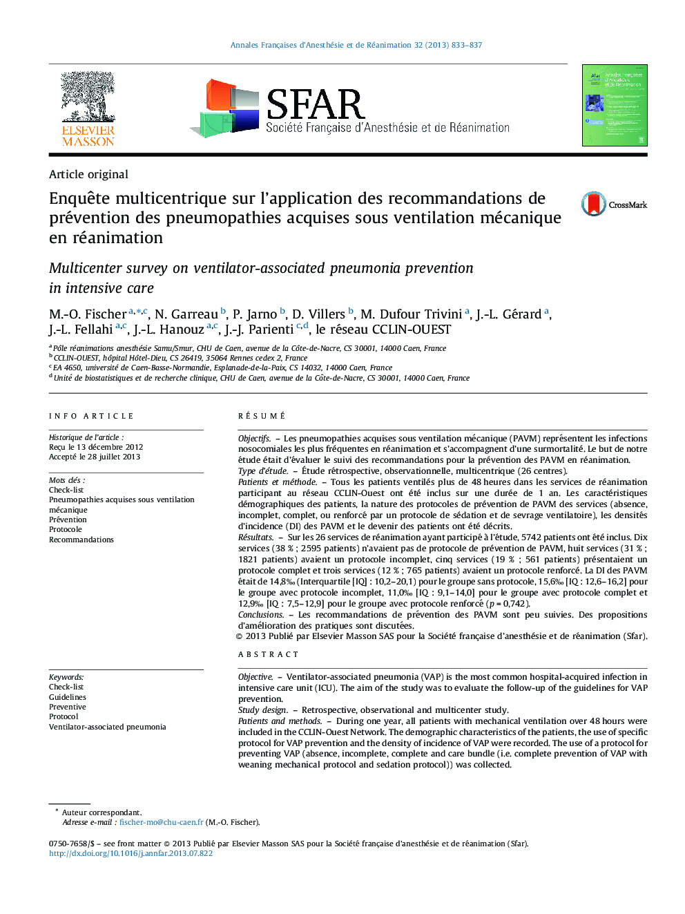 Enquête multicentrique sur l’application des recommandations de prévention des pneumopathies acquises sous ventilation mécanique en réanimation