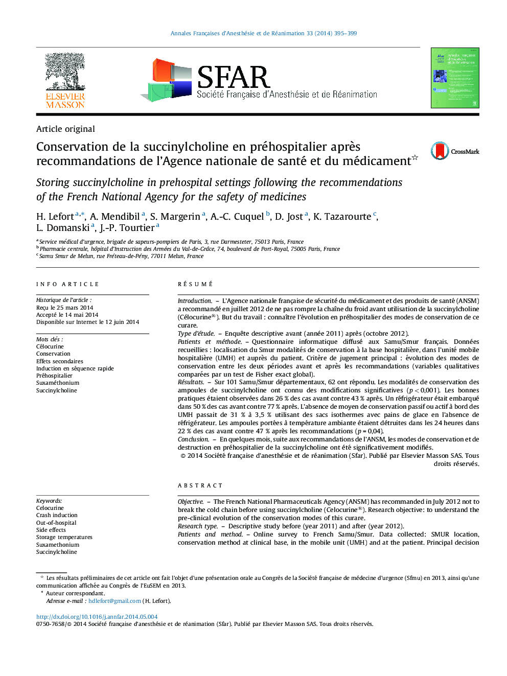 Conservation de la succinylcholine en préhospitalier après recommandations de l’Agence nationale de santé et du médicament 