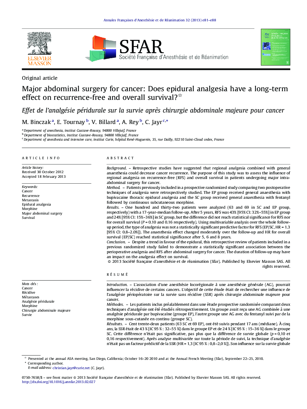 Major abdominal surgery for cancer: Does epidural analgesia have a long-term effect on recurrence-free and overall survival? 