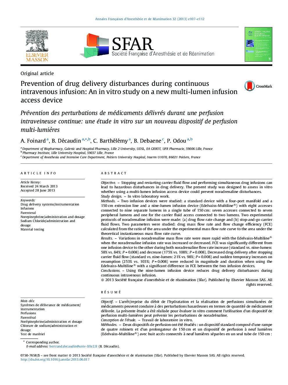 Prevention of drug delivery disturbances during continuous intravenous infusion: An in vitro study on a new multi-lumen infusion access device