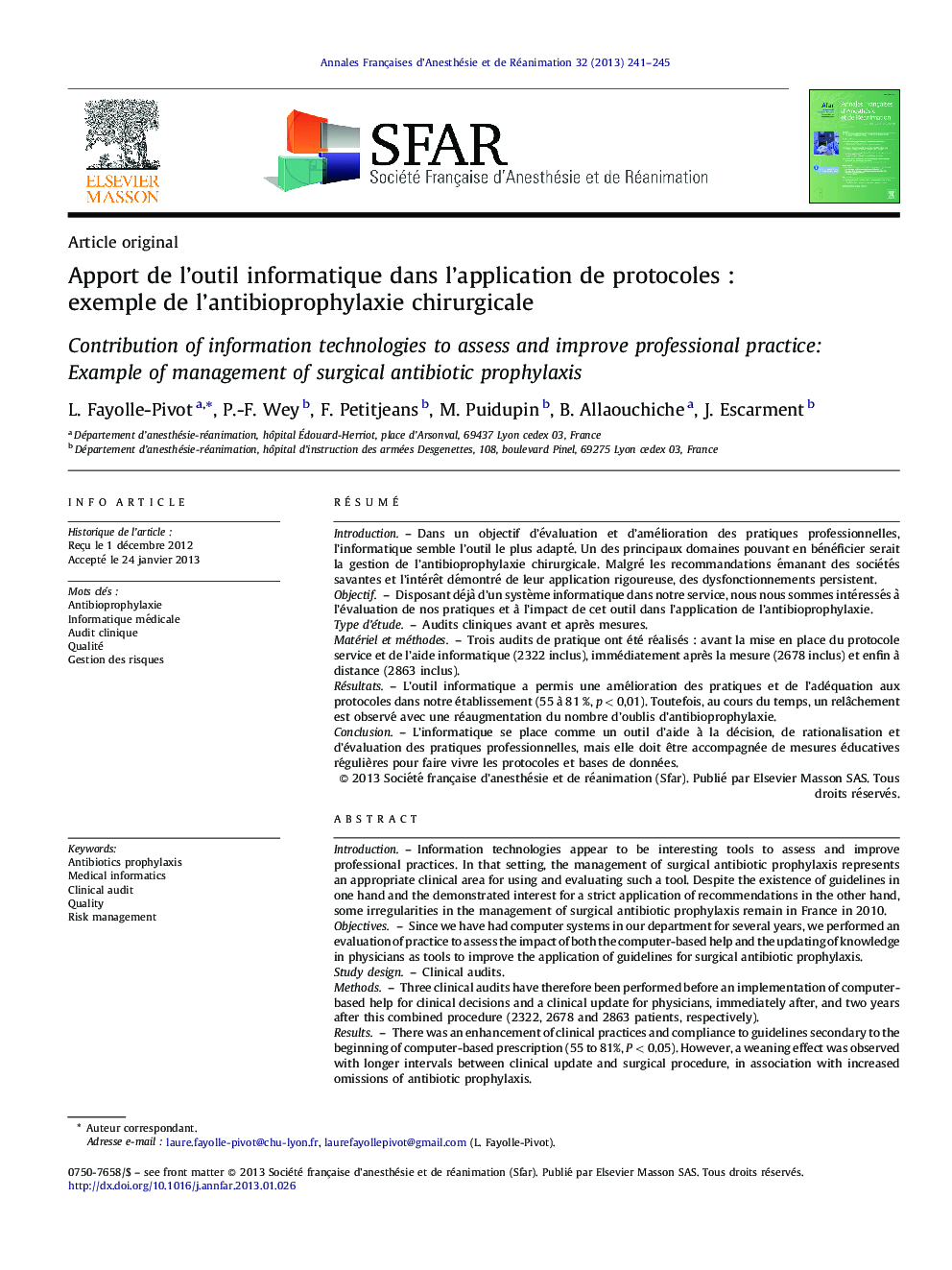 Apport de l’outil informatique dans l’application de protocoles : exemple de l’antibioprophylaxie chirurgicale