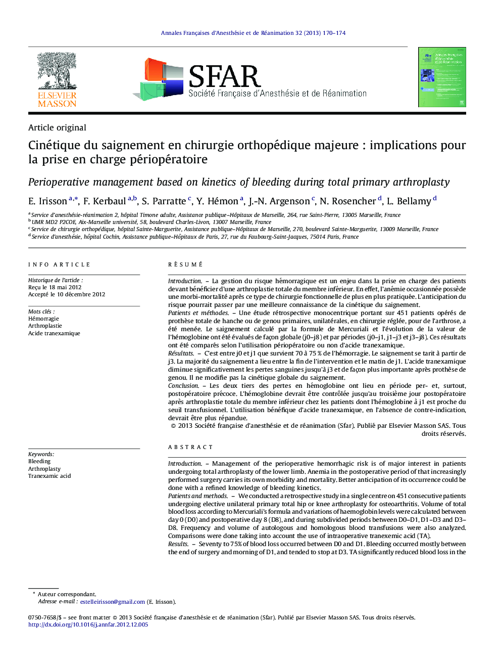 Cinétique du saignement en chirurgie orthopédique majeure : implications pour la prise en charge périopératoire