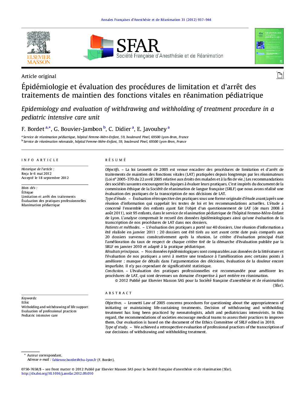 Épidémiologie et évaluation des procédures de limitation et d’arrêt des traitements de maintien des fonctions vitales en réanimation pédiatrique