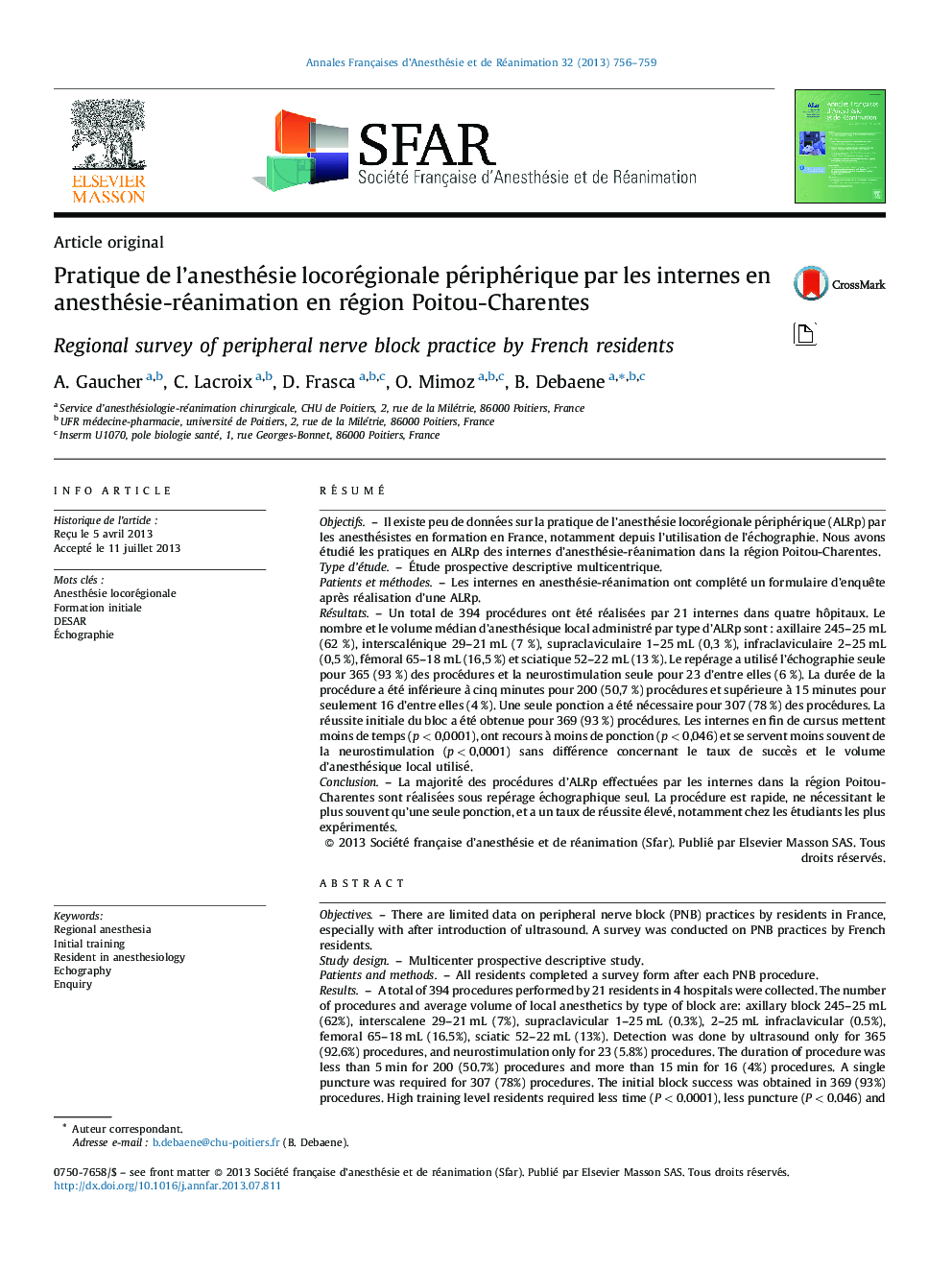 Pratique de l'anesthésie locorégionale périphérique par les internes en anesthésie-réanimation en région Poitou-Charentes