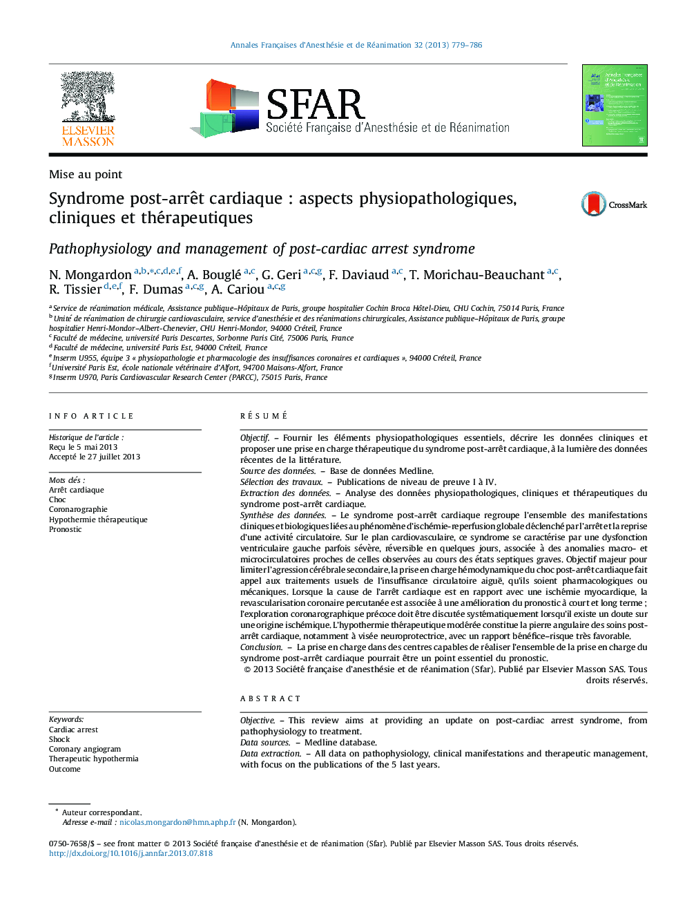 Syndrome post-arrêt cardiaque : aspects physiopathologiques, cliniques et thérapeutiques