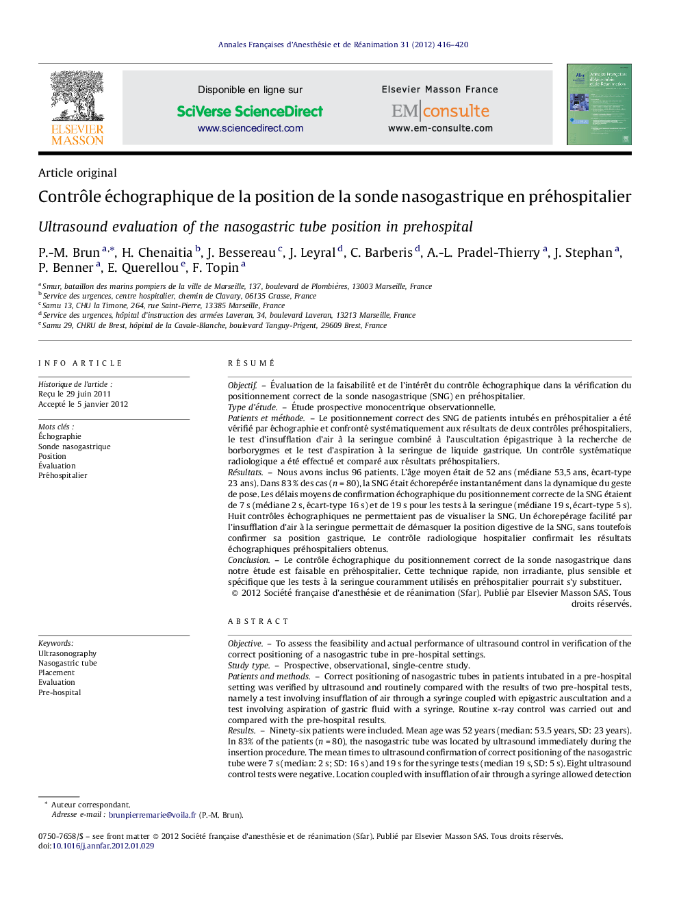 Contrôle échographique de la position de la sonde nasogastrique en préhospitalier