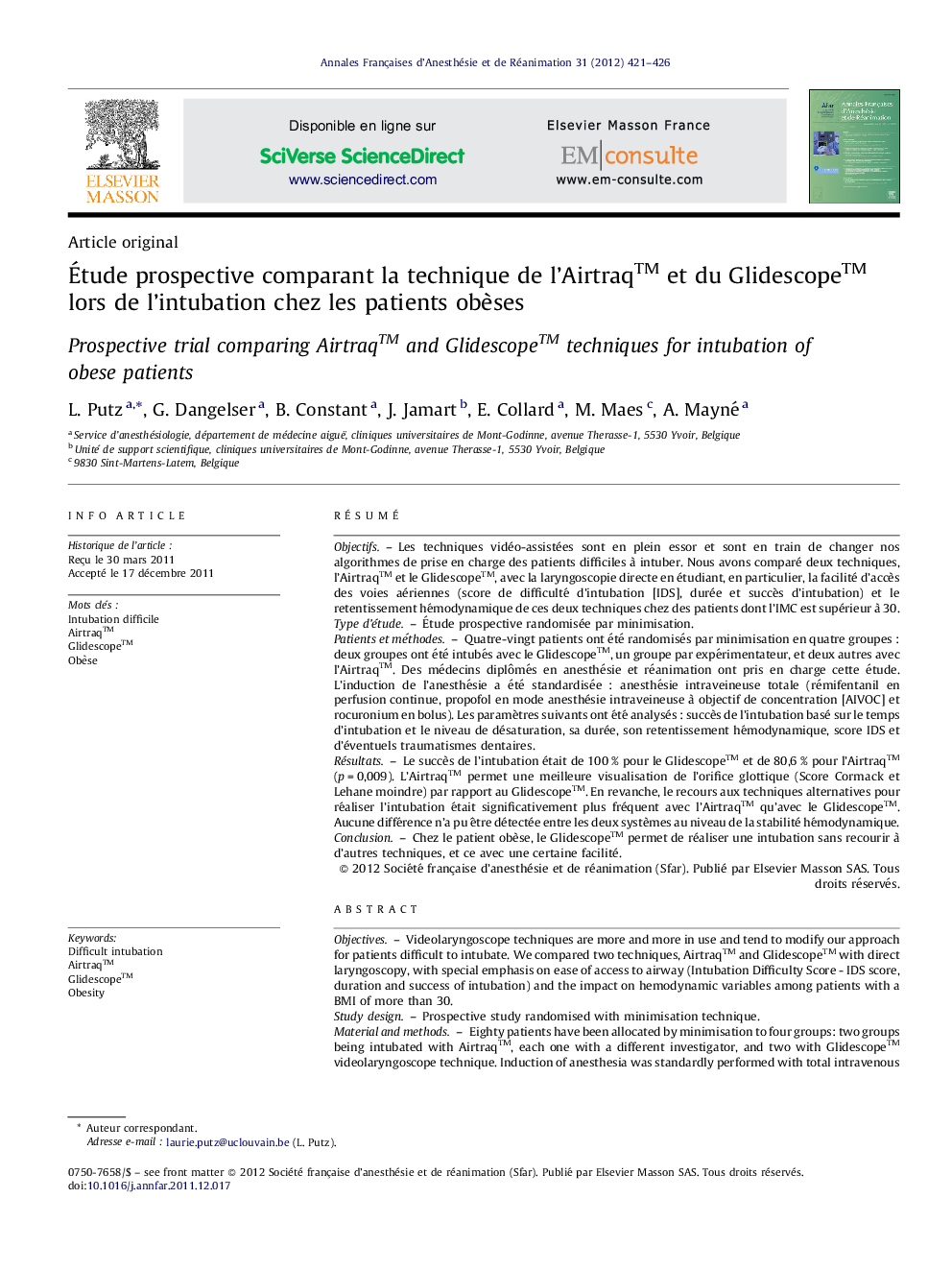 Étude prospective comparant la technique de l’Airtraq™ et du Glidescope™ lors de l’intubation chez les patients obèses