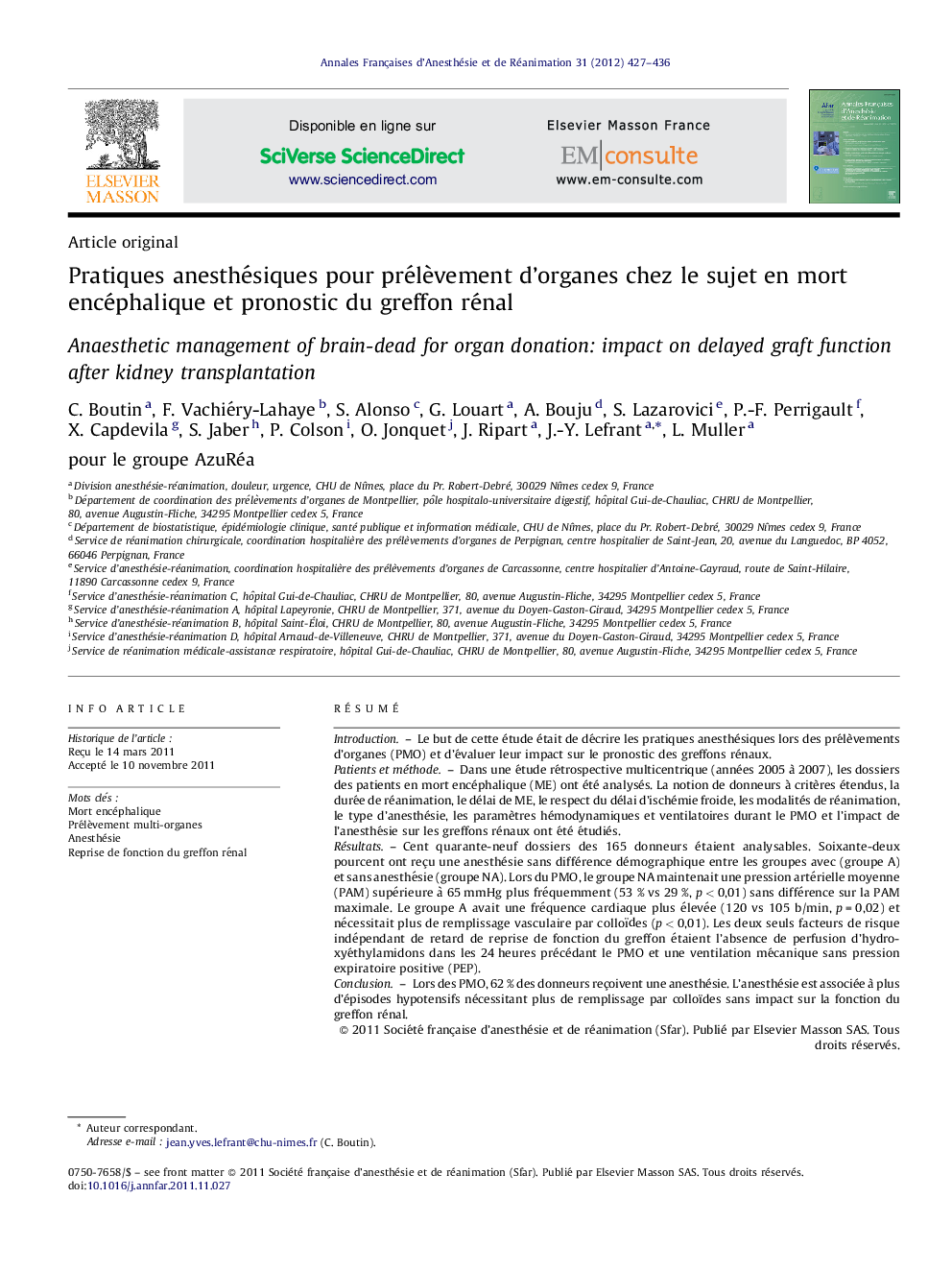 Pratiques anesthésiques pour prélèvement d’organes chez le sujet en mort encéphalique et pronostic du greffon rénal