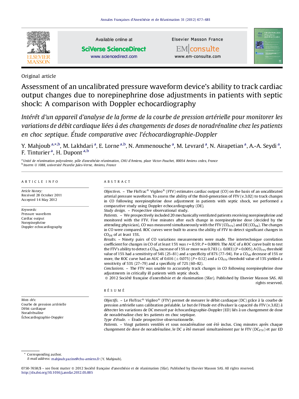 Assessment of an uncalibrated pressure waveform device's ability to track cardiac output changes due to norepinephrine dose adjustments in patients with septic shock: A comparison with Doppler echocardiography