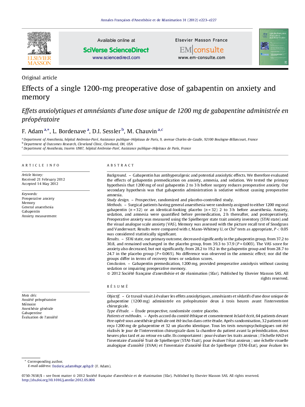 Effects of a single 1200-mg preoperative dose of gabapentin on anxiety and memory