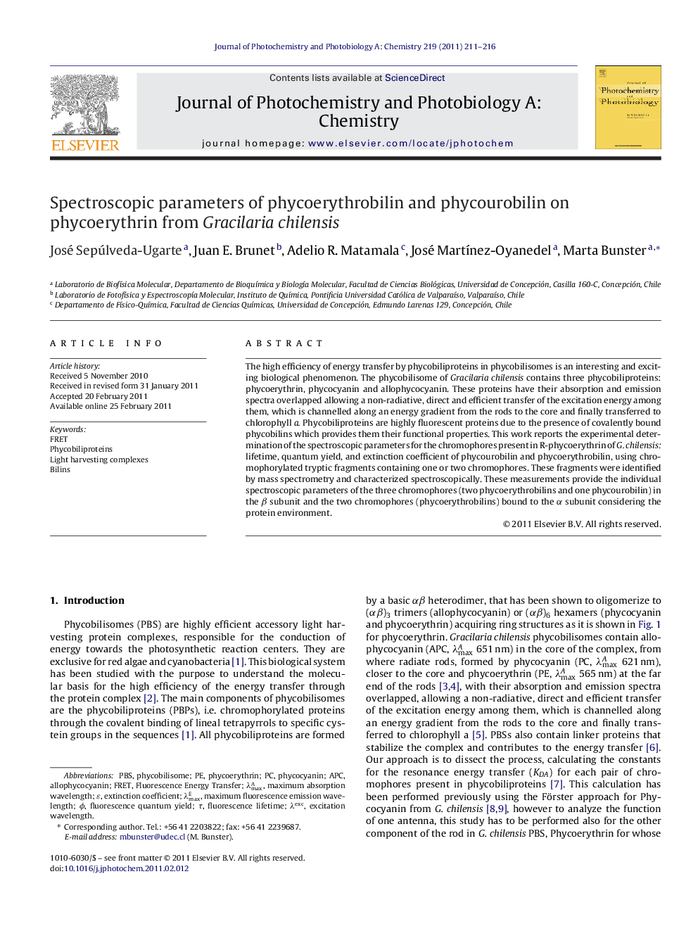 Spectroscopic parameters of phycoerythrobilin and phycourobilin on phycoerythrin from Gracilaria chilensis