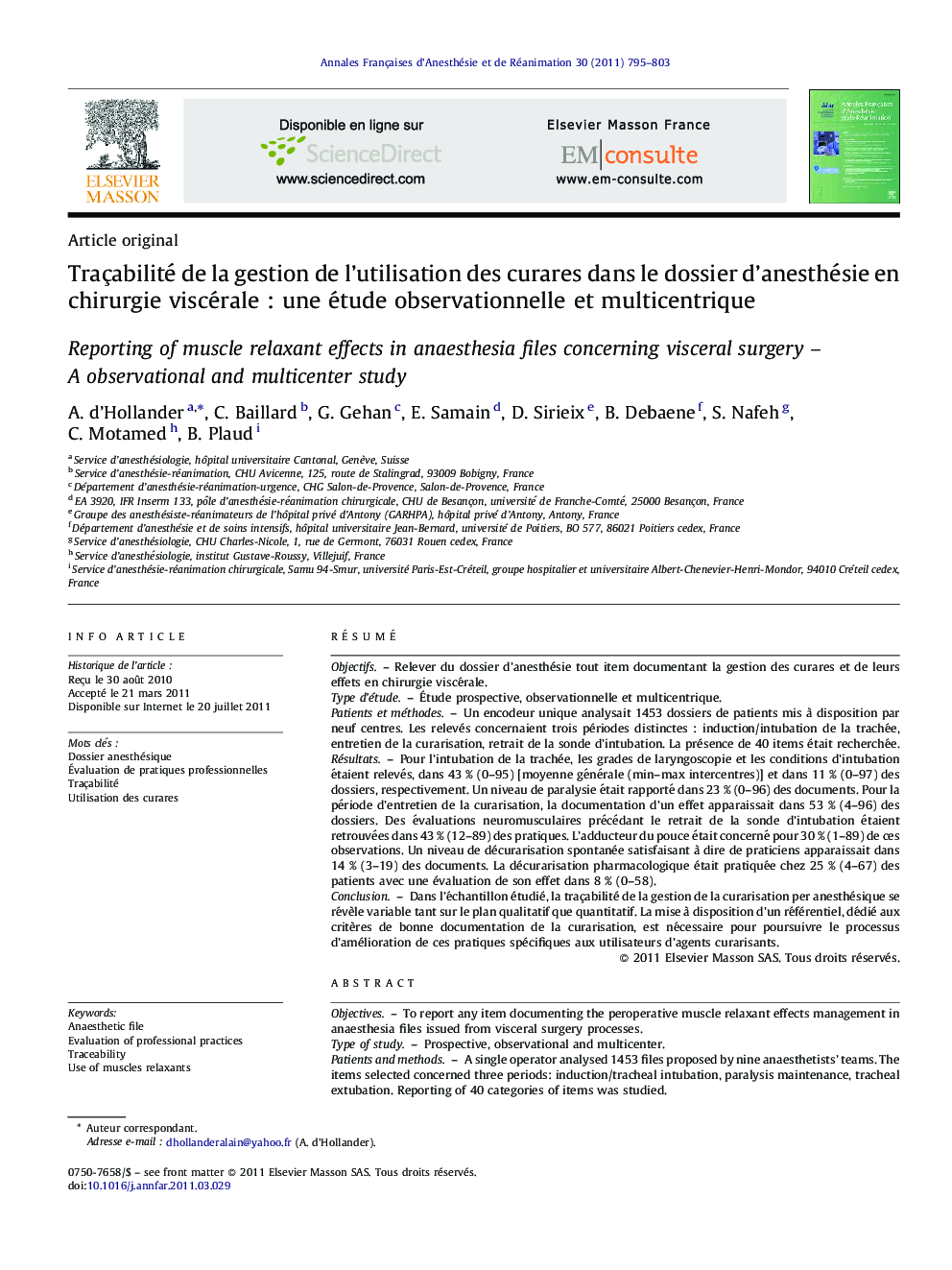 Traçabilité de la gestion de l'utilisation des curares dans le dossier d'anesthésie en chirurgie viscéraleÂ : une étude observationnelle et multicentrique