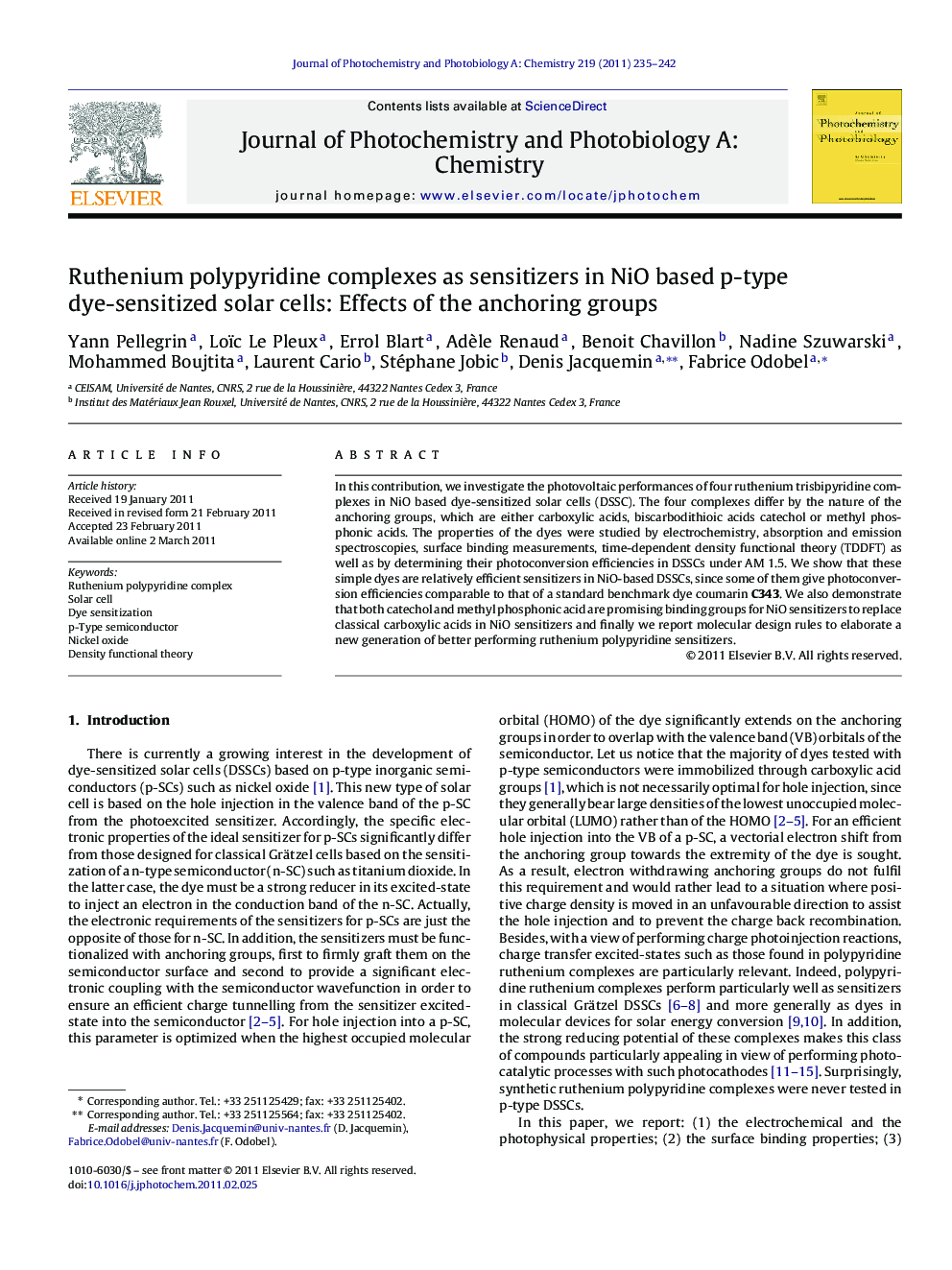 Ruthenium polypyridine complexes as sensitizers in NiO based p-type dye-sensitized solar cells: Effects of the anchoring groups