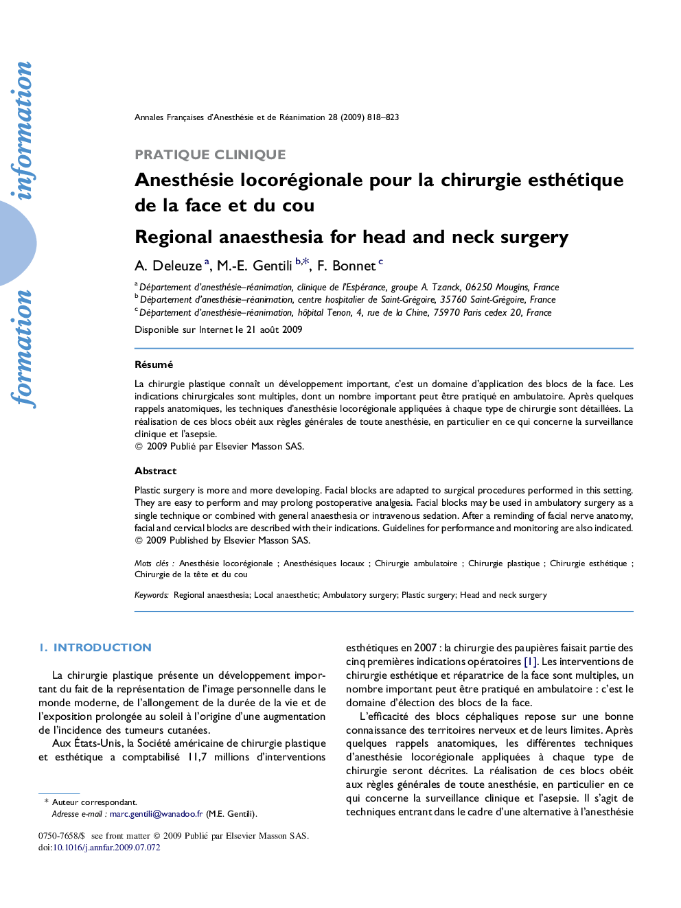 Anesthésie locorégionale pour la chirurgie esthétique de la face et du cou