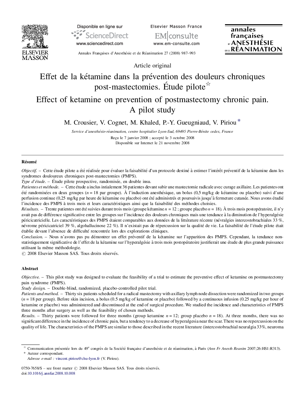 عکس صفحه اول مقاله: Effet de la kétamine dans la prévention des douleurs chroniques post-mastectomies. Étude pilote Effet de la kétamine dans la prévention des douleurs chroniques post-mastectomies. Étude pilote