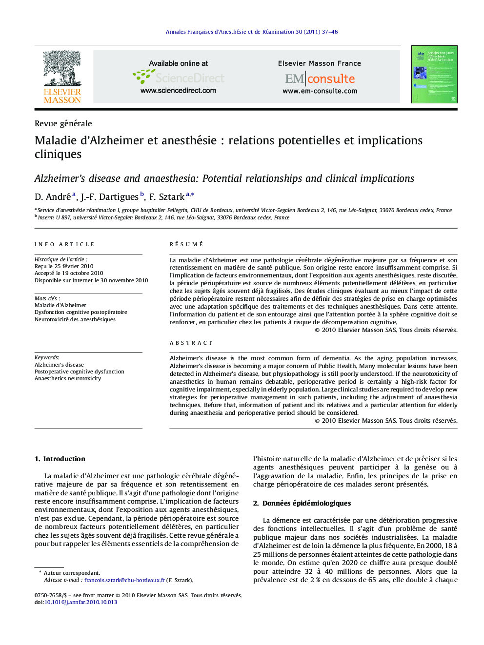 Maladie d’Alzheimer et anesthésie : relations potentielles et implications cliniques