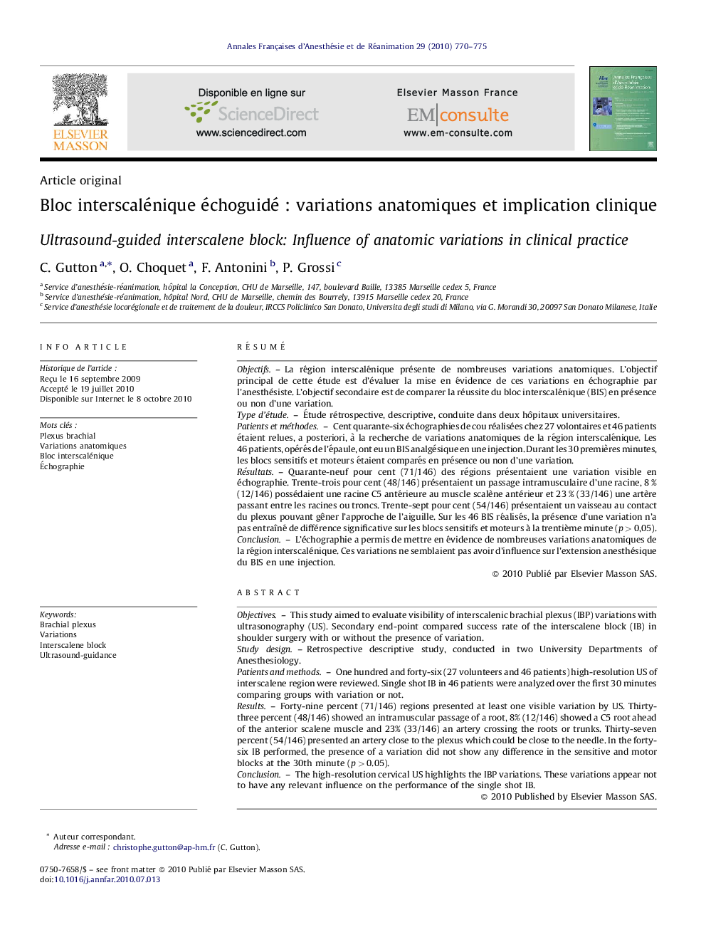 Bloc interscalénique échoguidé : variations anatomiques et implication clinique