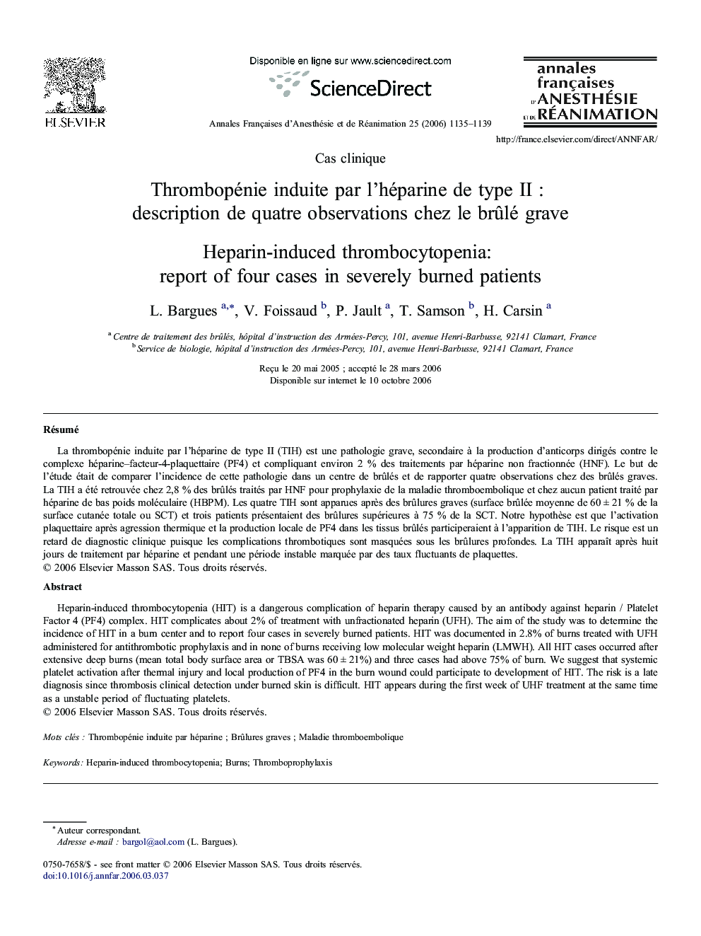 Thrombopénie induite par l'héparine de type II : description de quatre observations chez le brûlé grave