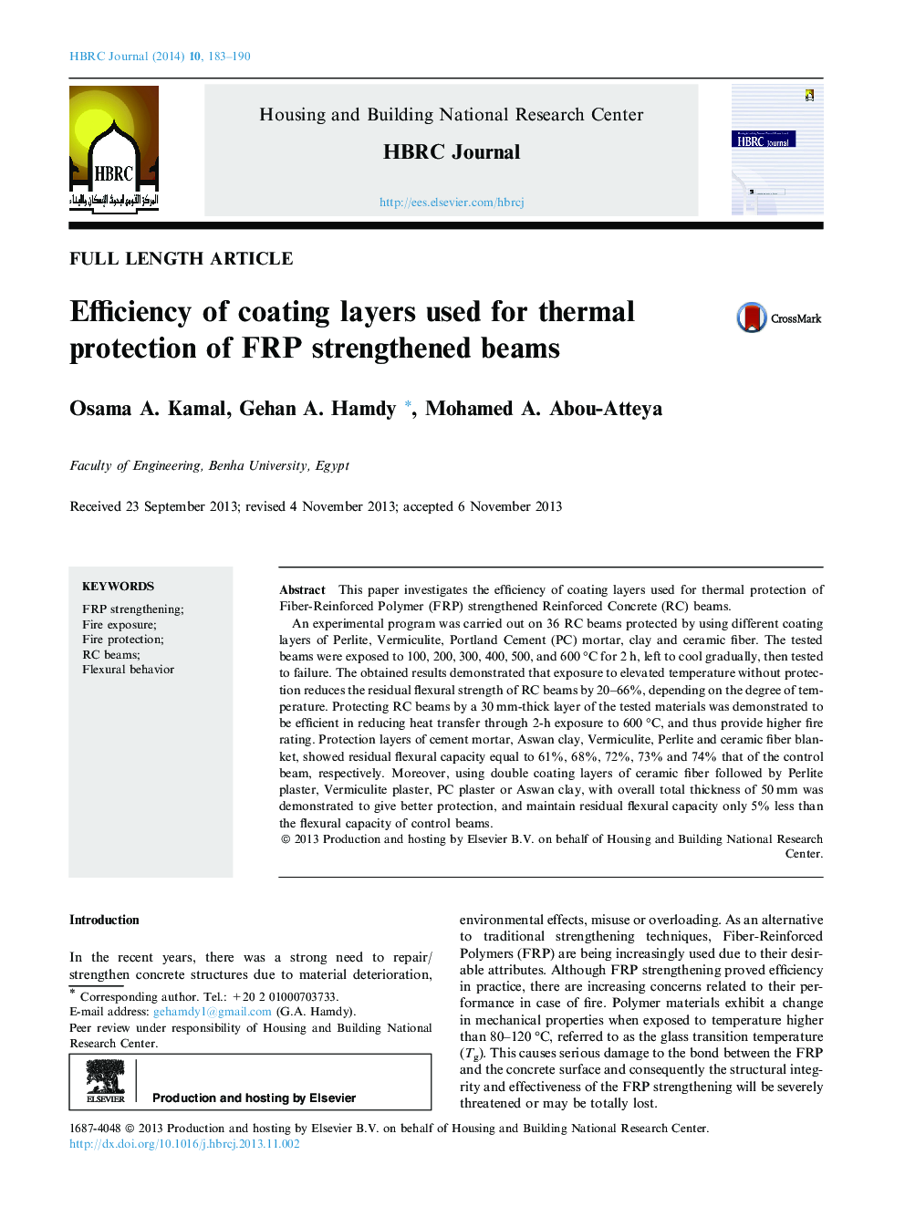 Efficiency of coating layers used for thermal protection of FRP strengthened beams 