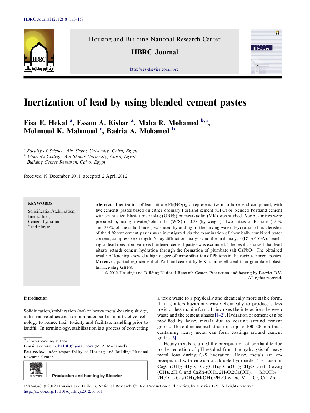 Inertization of lead by using blended cement pastes 