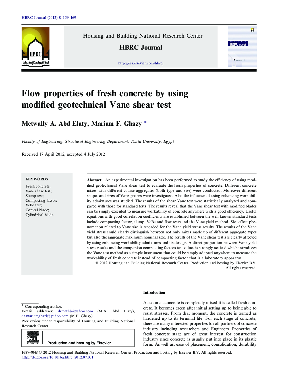 Flow properties of fresh concrete by using modified geotechnical Vane shear test 