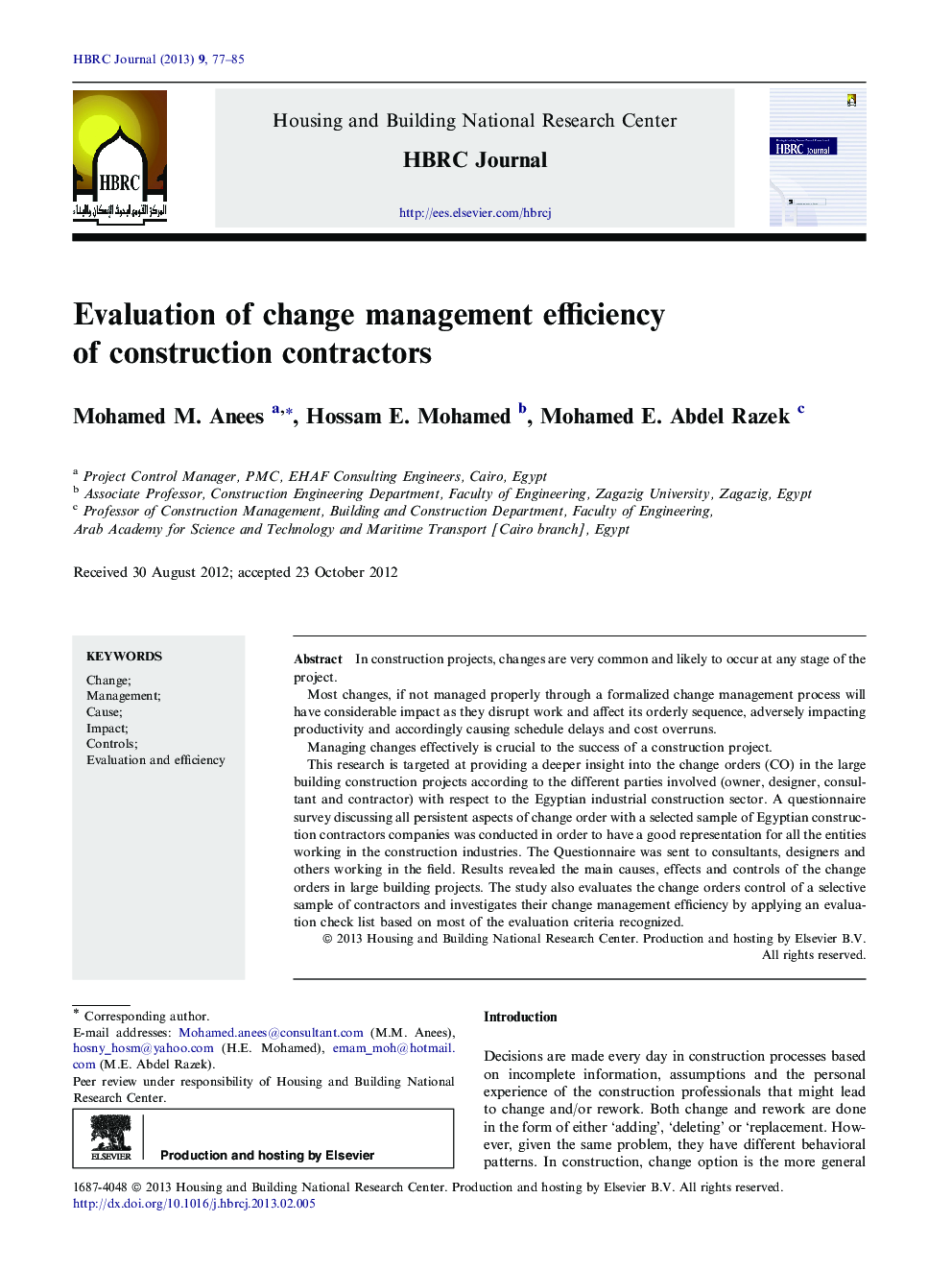 Evaluation of change management efficiency of construction contractors 