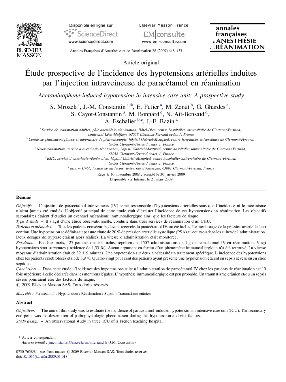 Étude prospective de l’incidence des hypotensions artérielles induites par l’injection intraveineuse de paracétamol en réanimation