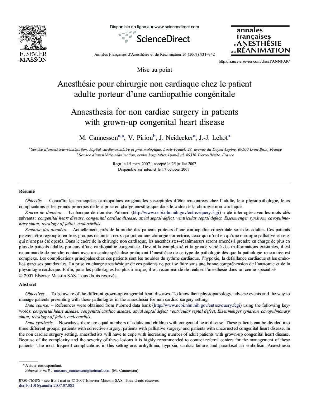 Anesthésie pour chirurgie non cardiaque chez le patient adulte porteur d'une cardiopathie congénitale