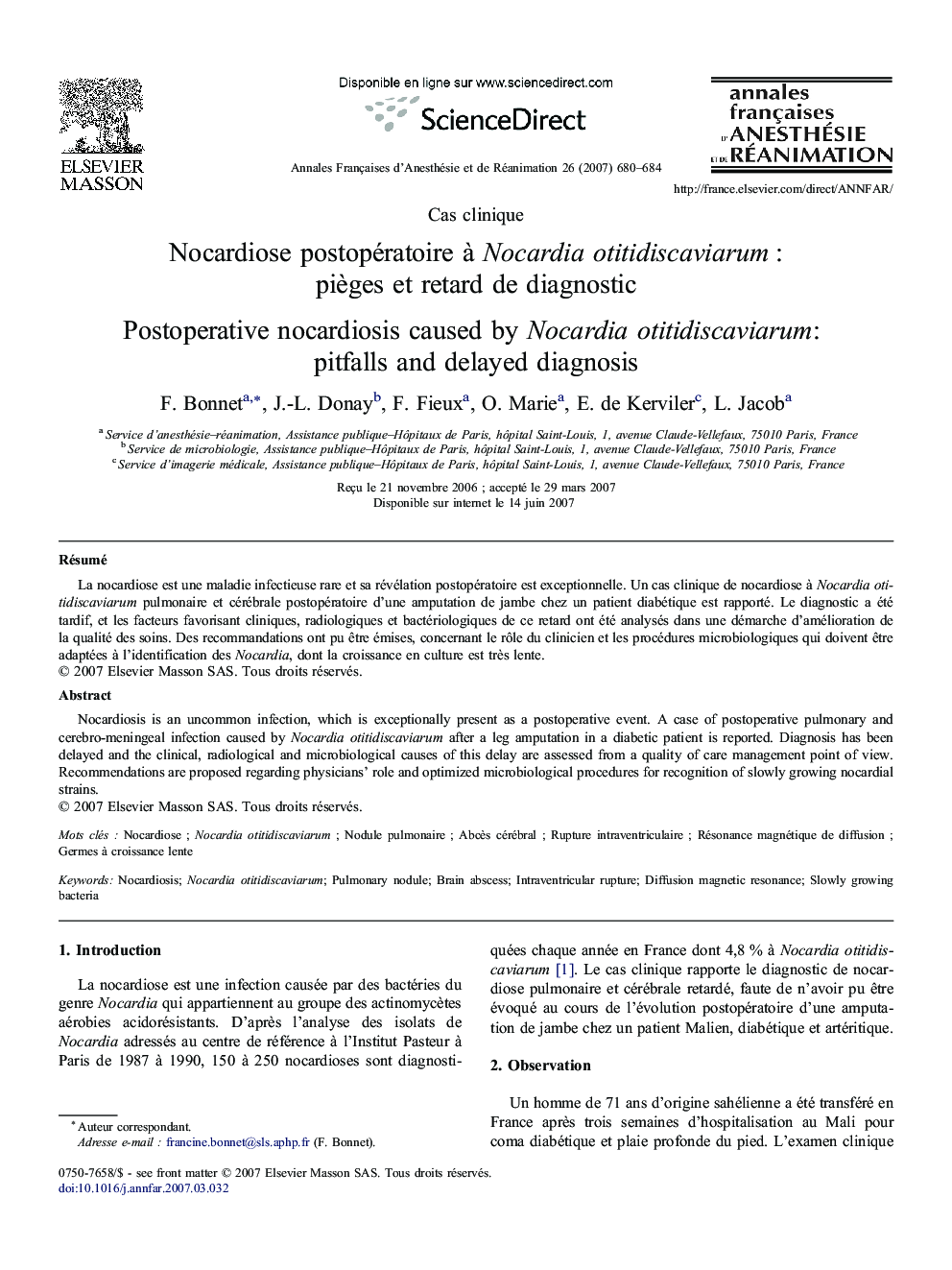 Nocardiose postopératoire à Nocardia otitidiscaviarum : pièges et retard de diagnostic