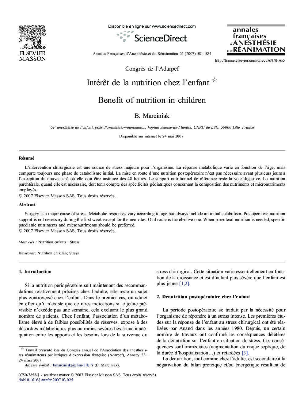 عکس صفحه اول مقاله: Intérêt de la nutrition chez l'enfant Intérêt de la nutrition chez l'enfant