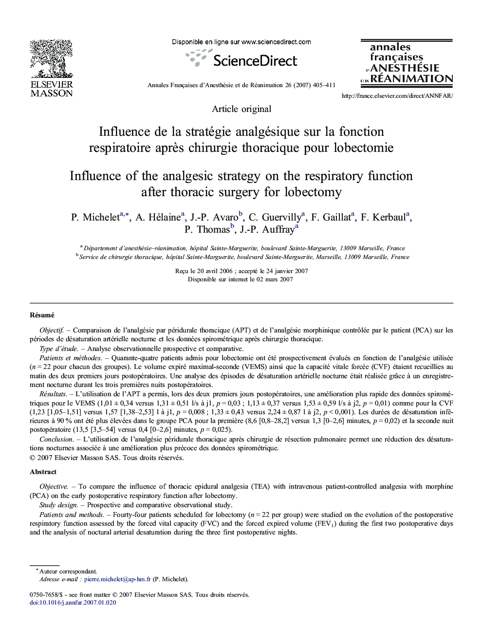 Influence deÂ laÂ stratégie analgésique surÂ laÂ fonction respiratoire aprÃ¨s chirurgie thoracique pourÂ lobectomie