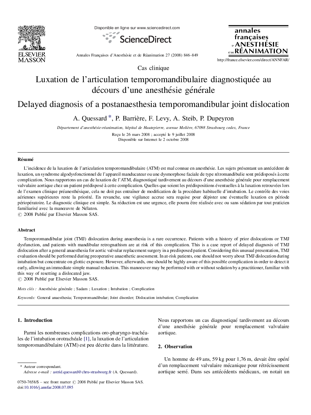 Luxation de l’articulation temporomandibulaire diagnostiquée au décours d’une anesthésie générale