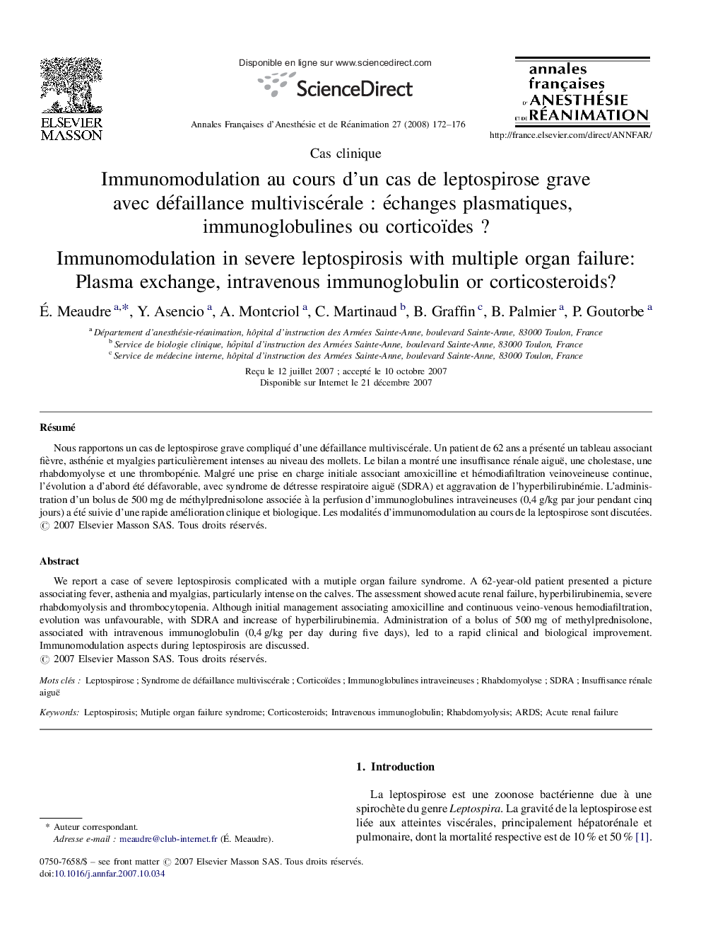 Immunomodulation au cours d’un cas de leptospirose grave avec défaillance multiviscérale : échanges plasmatiques, immunoglobulines ou corticoïdes ?