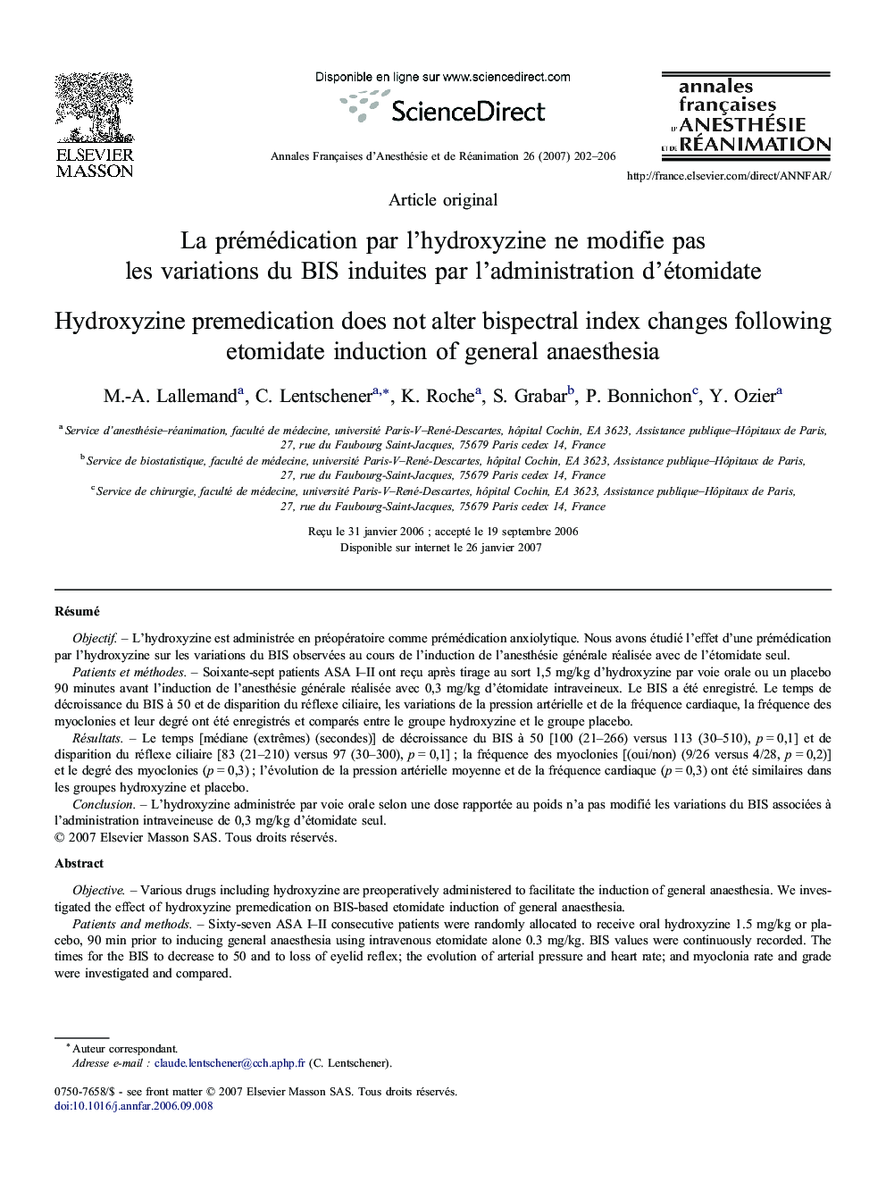 La prémédication par l'hydroxyzine ne modifie pas les variations du BIS induites par l'administration d'étomidate