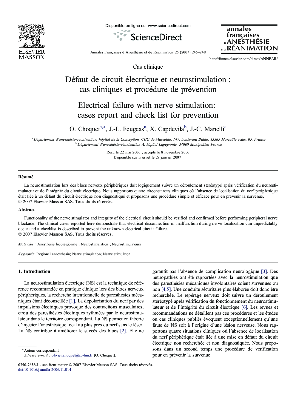 Défaut deÂ circuit électrique etÂ neurostimulationÂ : cas cliniques etÂ procédure deÂ prévention