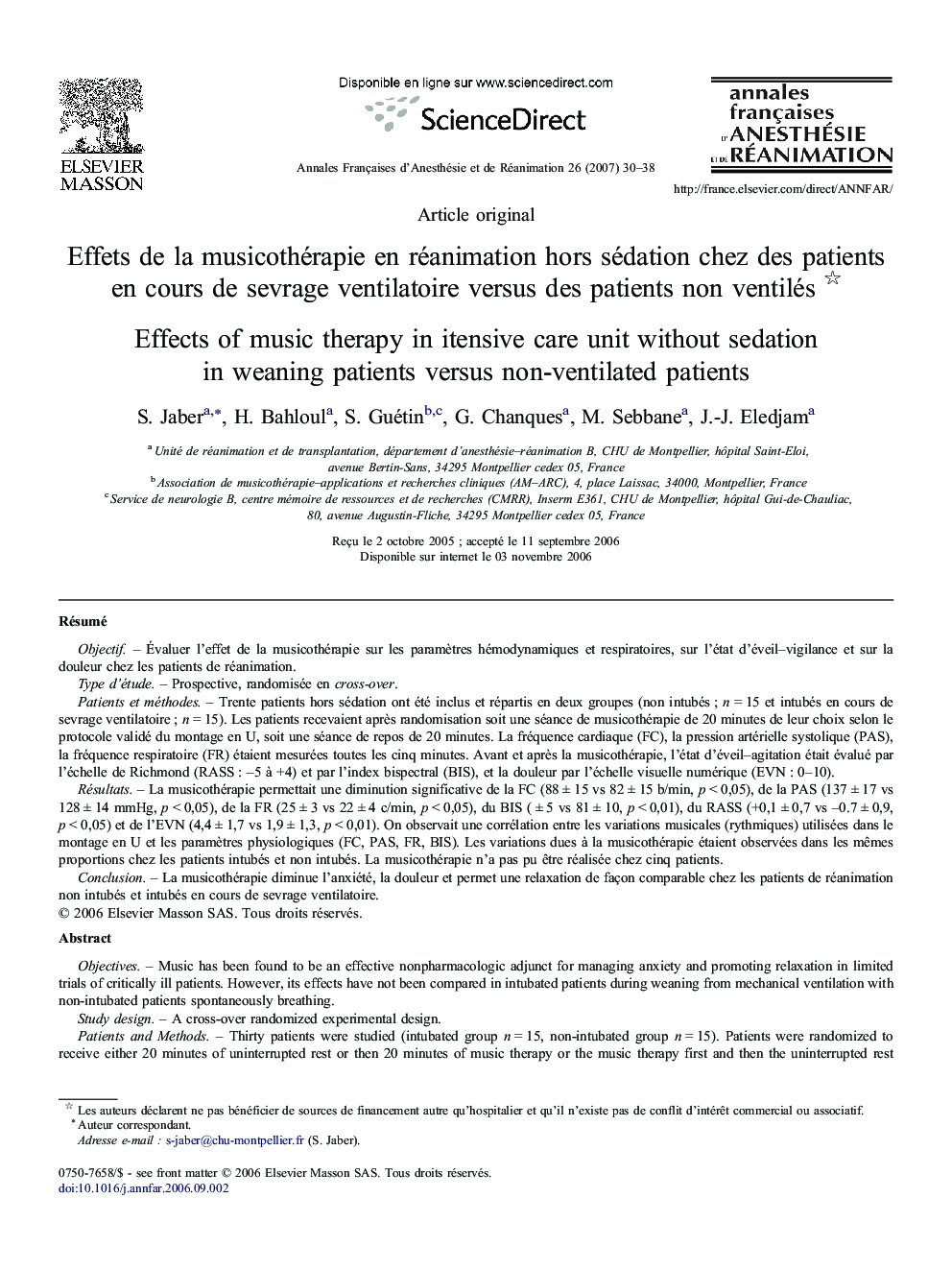 Effets de la musicothérapie en réanimation hors sédation chez des patients en cours de sevrage ventilatoire versus des patients non ventilés 