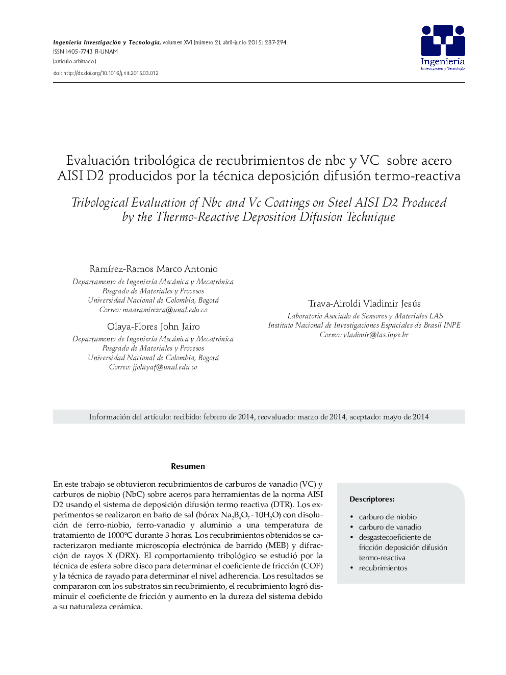 Evaluación tribológica de recubrimientos de nbc y VC sobre acero AISI D2 producidos por la técnica deposición difusión termo-reactiva