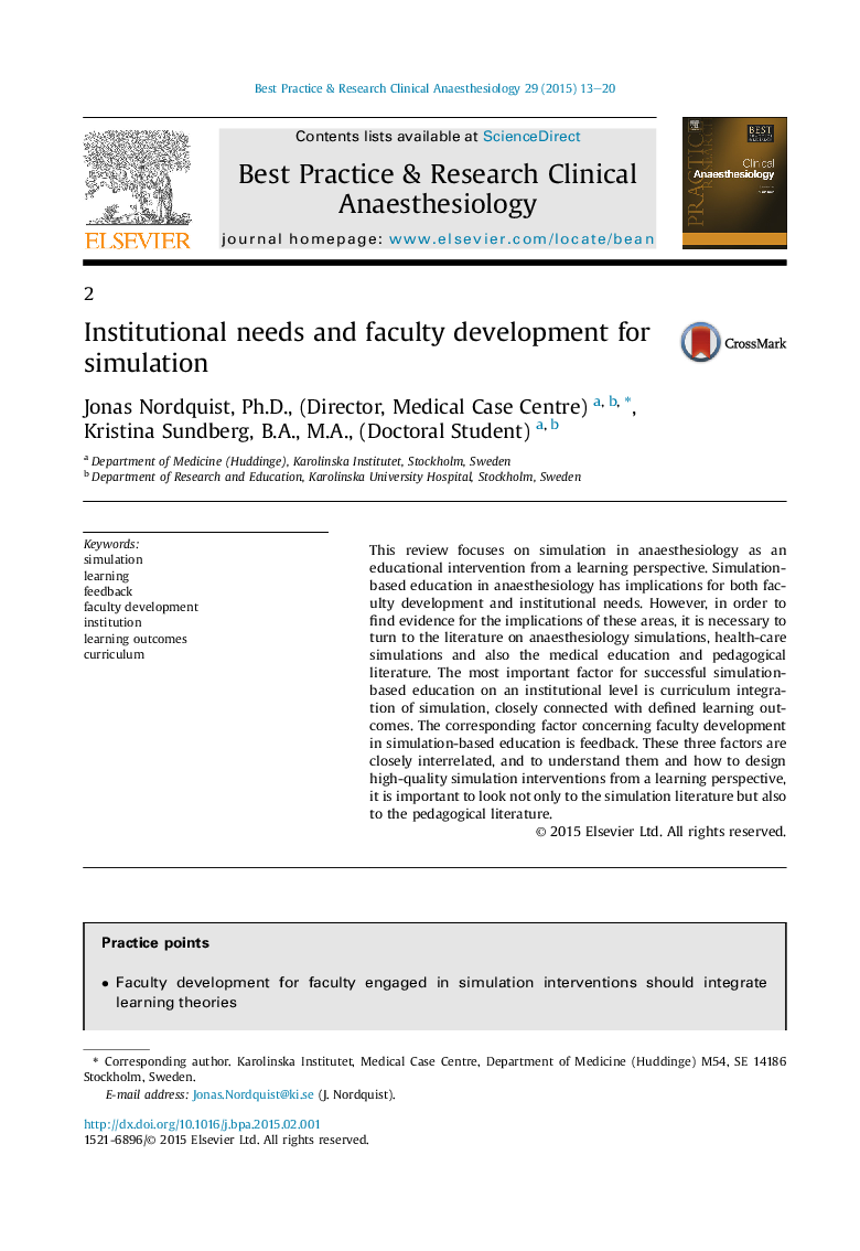 Institutional needs and faculty development for simulation