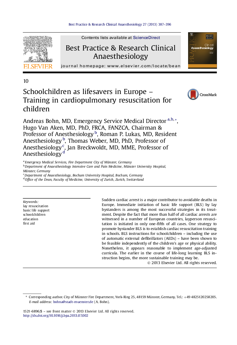 Schoolchildren as lifesavers in Europe – Training in cardiopulmonary resuscitation for children