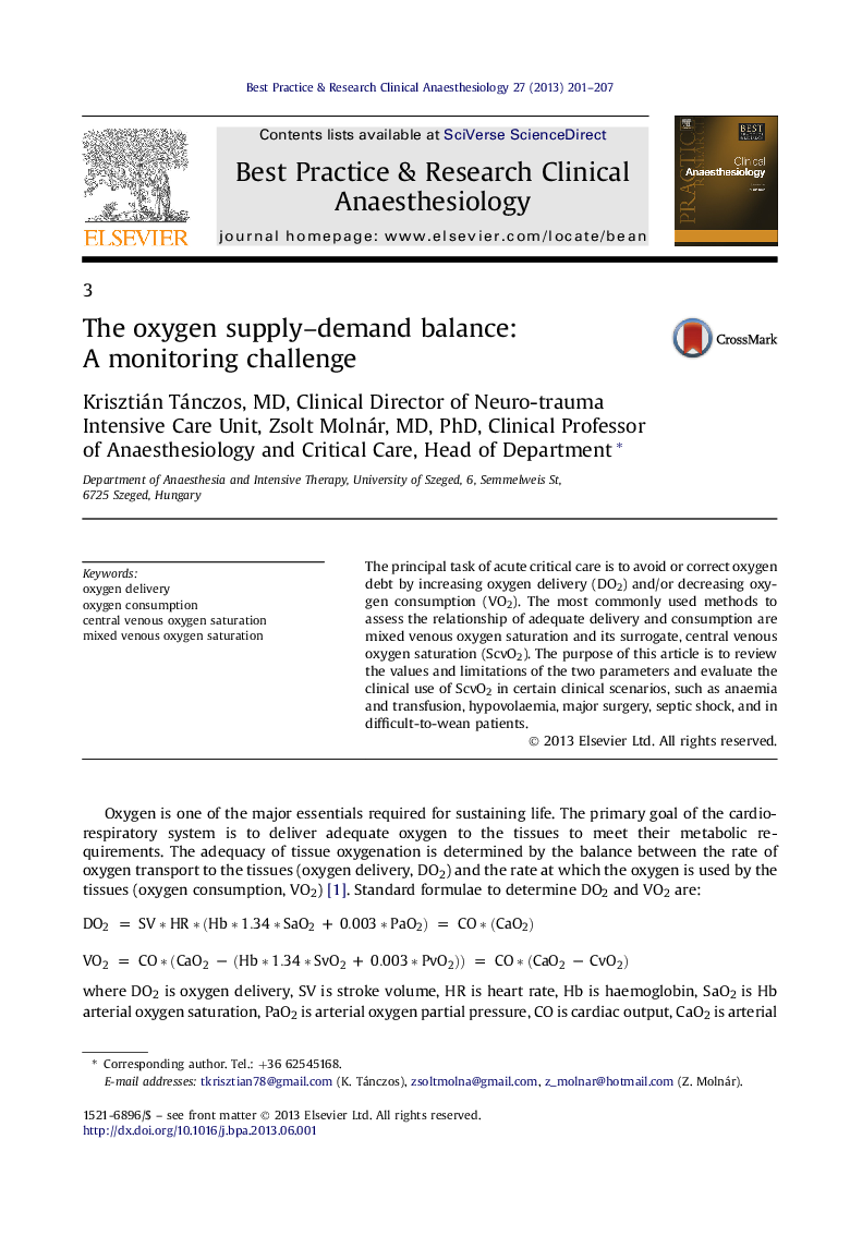 The oxygen supply–demand balance: A monitoring challenge